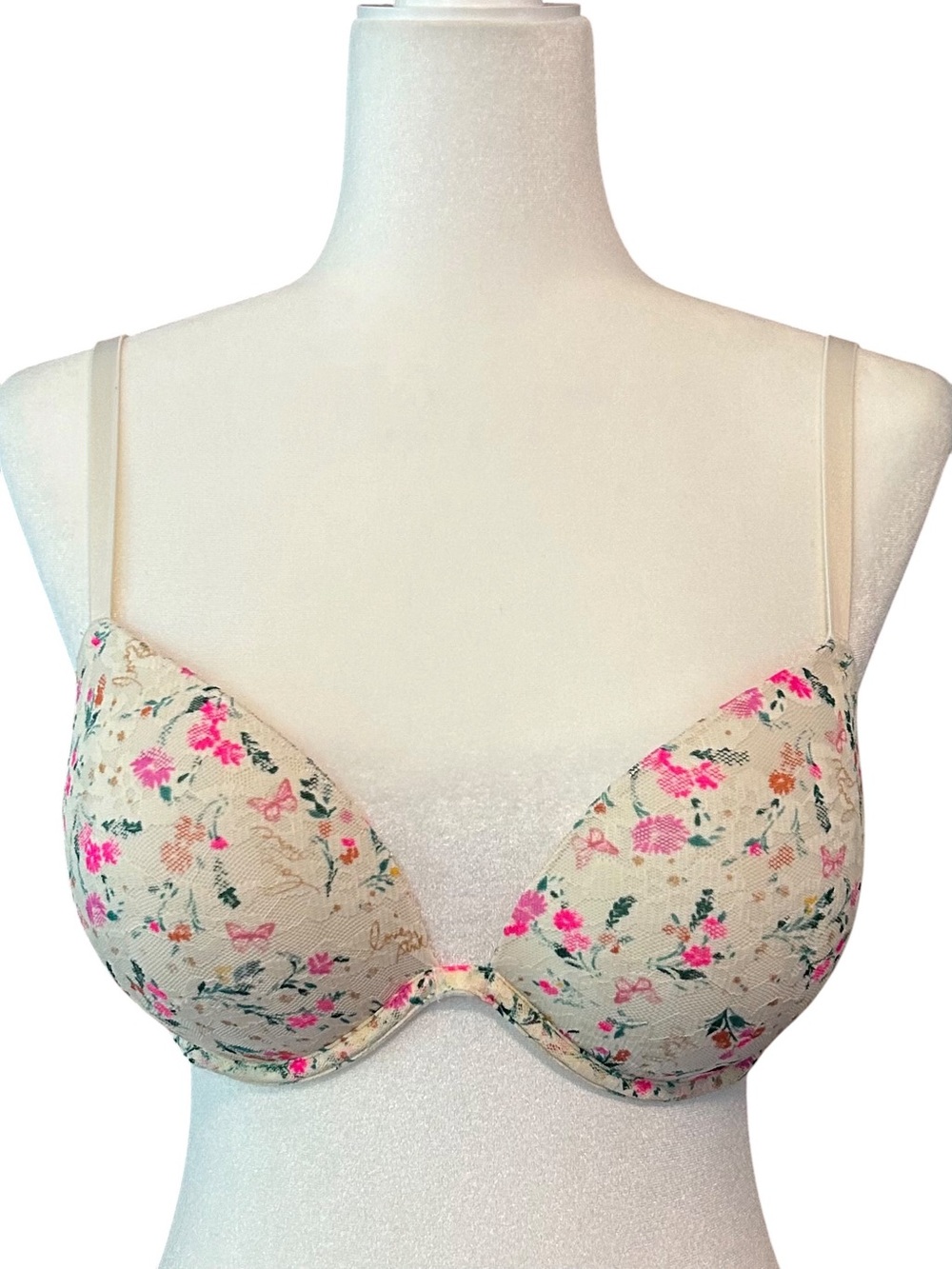 Victoria’s Secret PINK Wear Everywhere Super Push Up SZ 34D Lace Floral Ivory